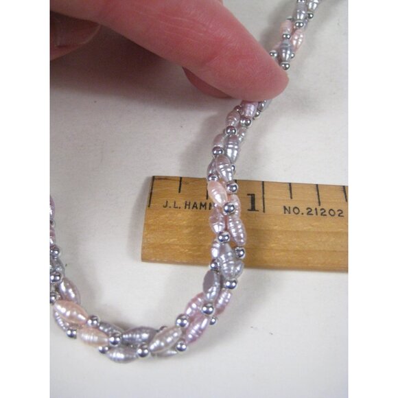 Dyed Pearl Beaded Twisted Pink Silver Bead Necklace 25 Inches Multi Strand - Picture 4 of 10